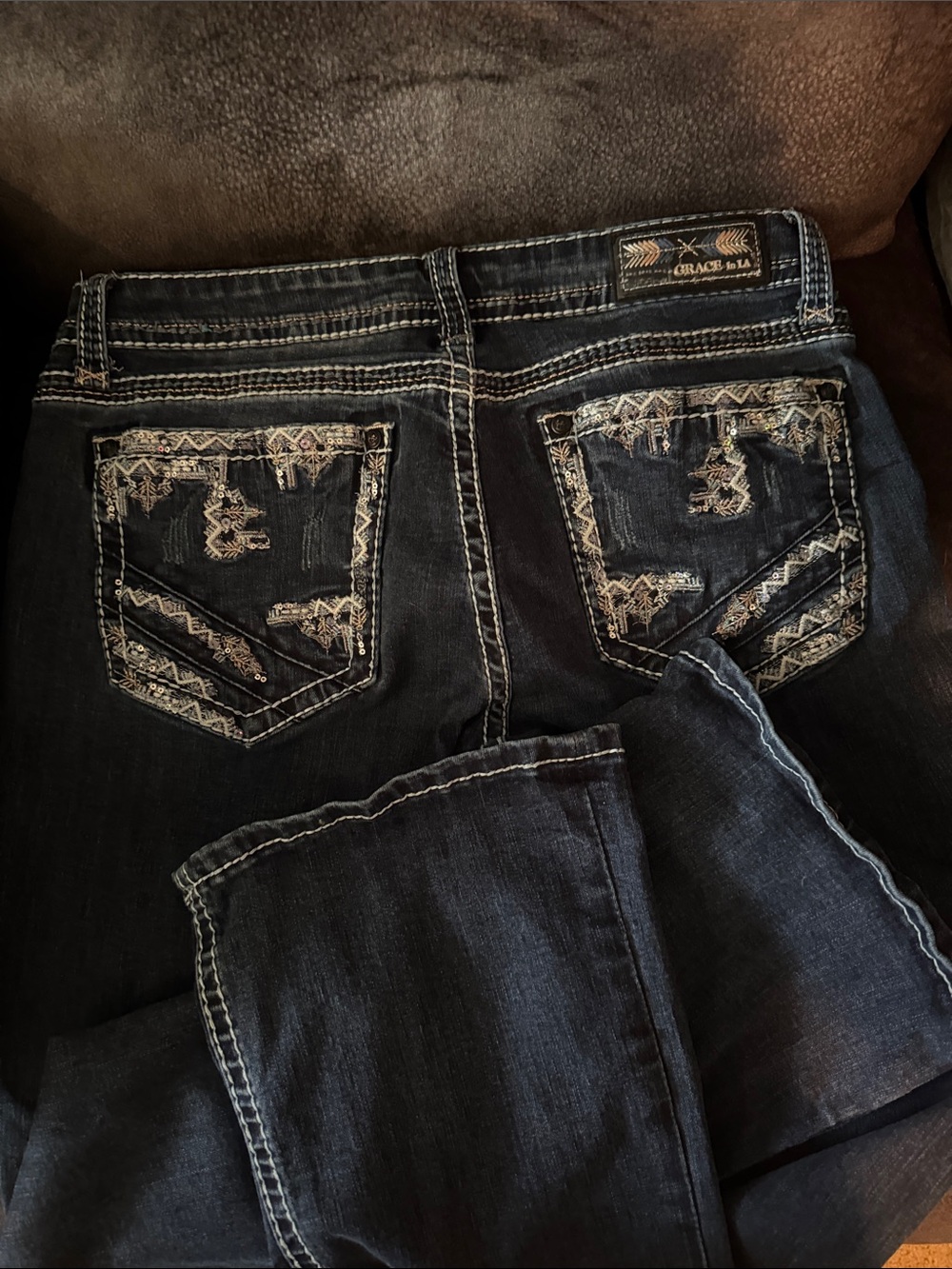 Grace in LA Dark Wash Bootcut Jeans with Embroidered Back Pockets - Dark Blue